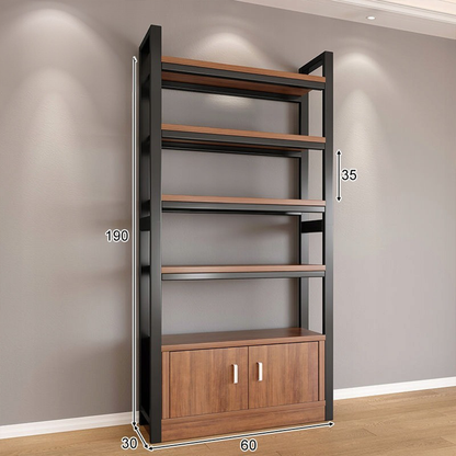 Bibliotecă industrială 190 cm – 5 rafturi + dulap, MDF + metal