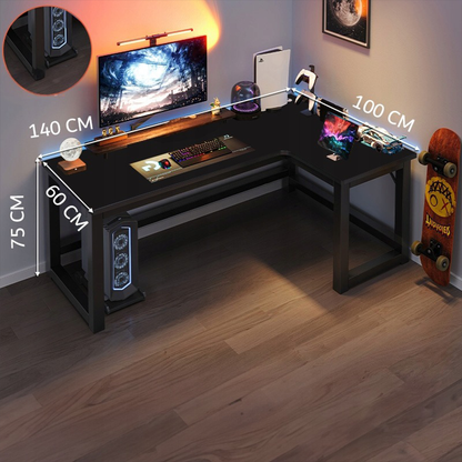 Birou colțar în L 140x100 cm – negru, MDF + metal, pentru gaming și birou