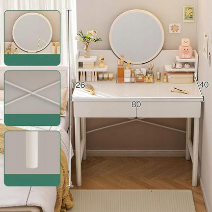 Măsuță toaletă cu oglindă 80 cm – alb, MDF, organizare cosmetice și bijuterii