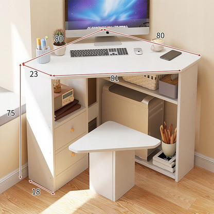Birou colțar alb 80 cm – triunghiular, cu rafturi, MDF, pentru spații mici