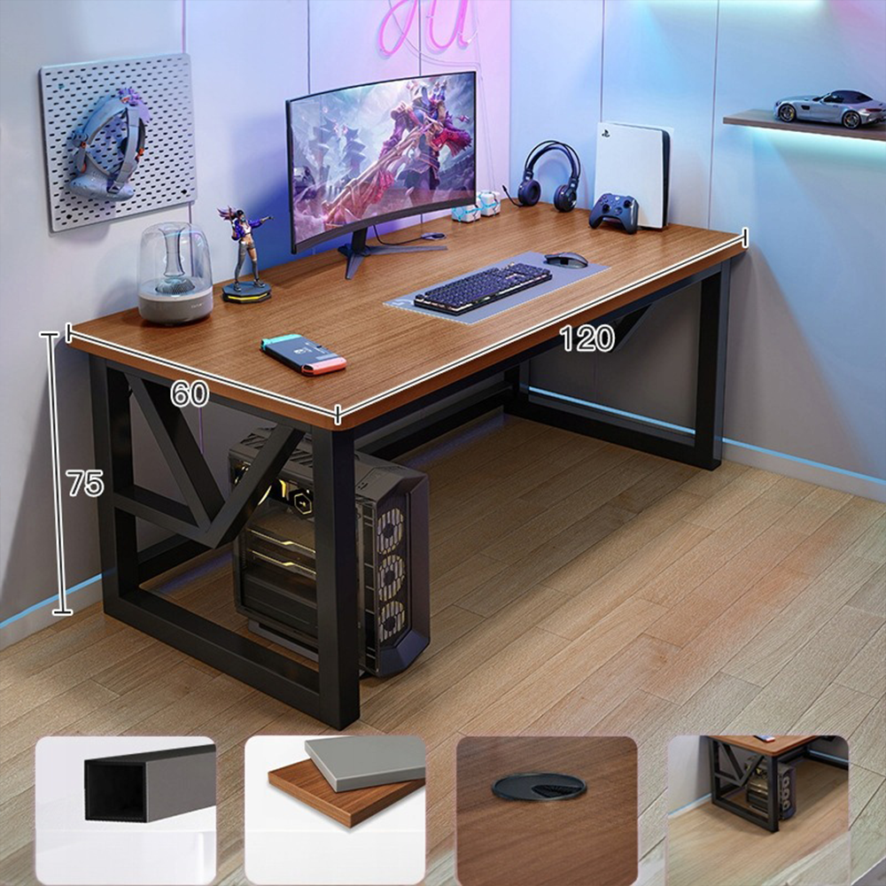Birou gamer 120x60 cm stejar închis – loft industrial, cu raft, pentru gaming & birou