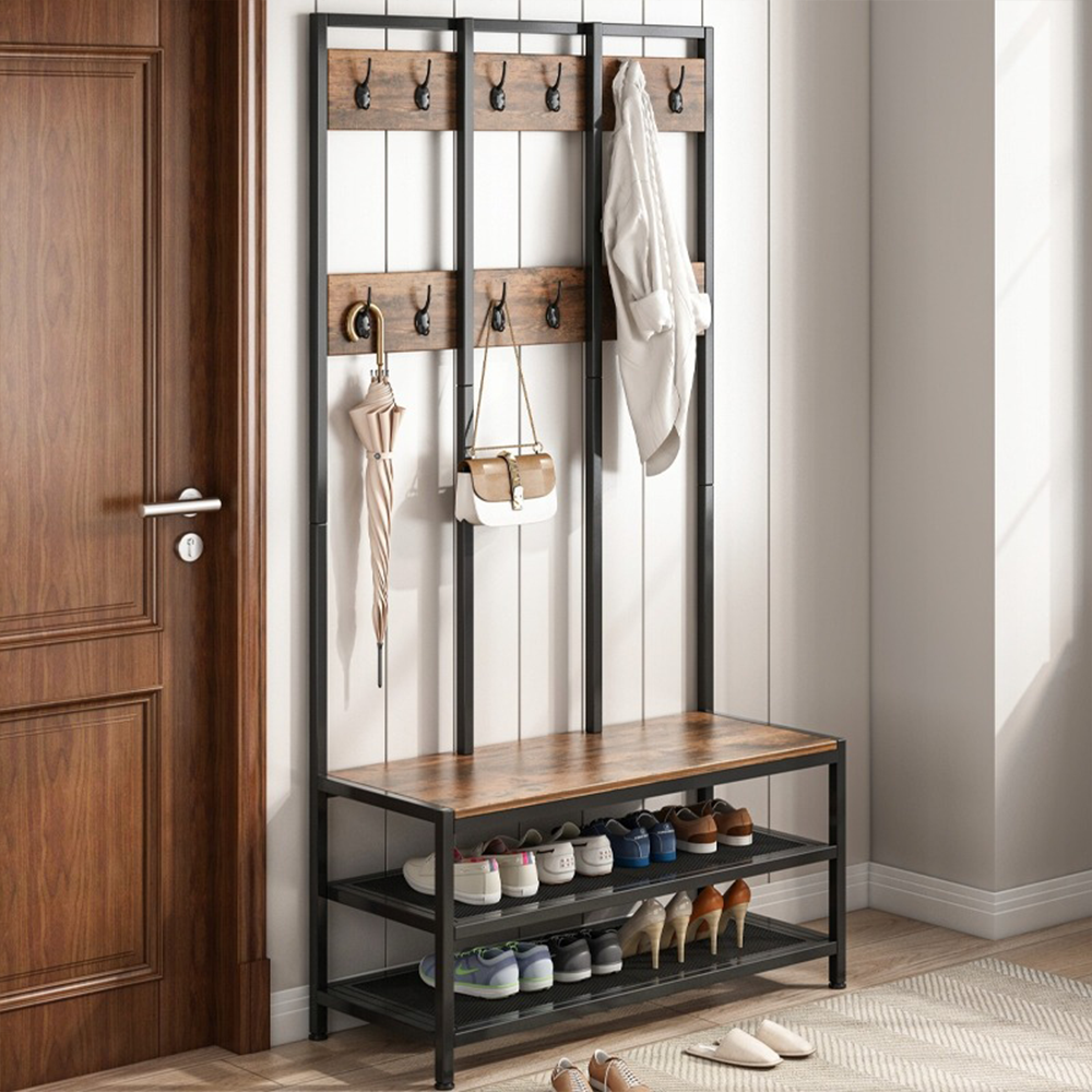 Cuier hol cu șezut 100 cm – maro închis, MDF + metal, multifuncțional
