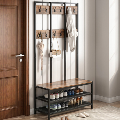 Cuier hol cu șezut 100 cm – maro închis, MDF + metal, multifuncțional