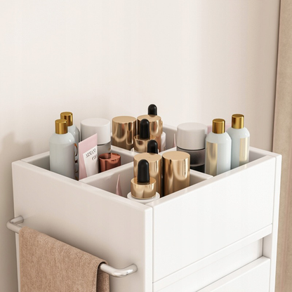 Dulap baie alb 90 cm – îngust, MDF, cu rafturi și compartiment închis
