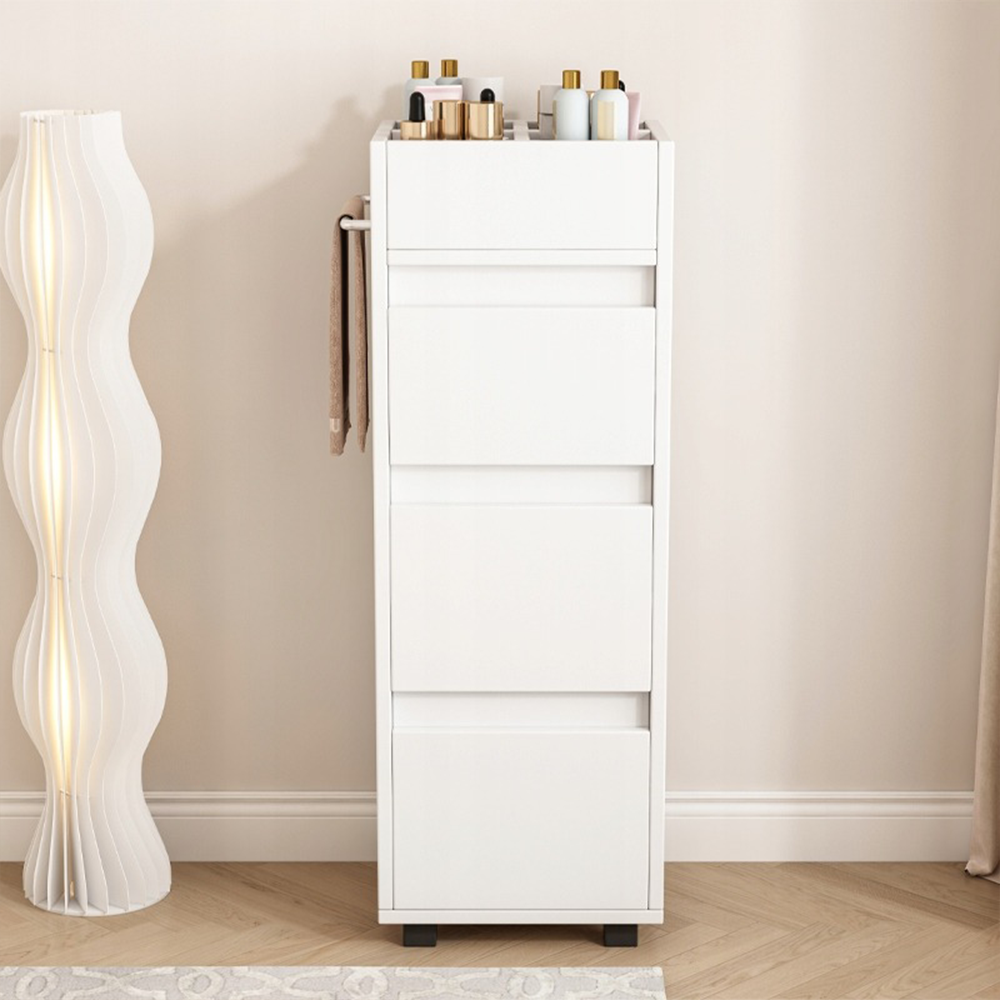 Dulap baie alb 90 cm – îngust, MDF, cu rafturi și compartiment închis