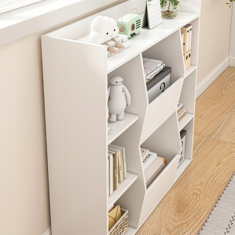 Bibliotecă modernă albă – 106 cm, rafturi deschise, MDF, organizare eficientă