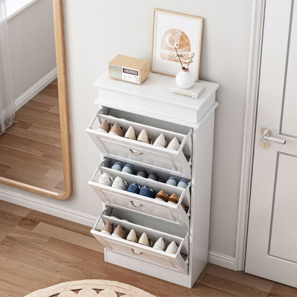 Dulap pantofi slim alb – 3 uși, 117 cm, MDF, pentru hol/dressing
