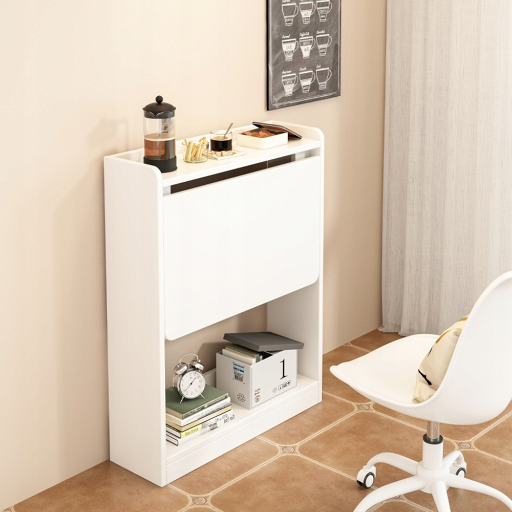 Birou rabatabil alb 64 cm – cu rafturi, MDF, pentru spații mici