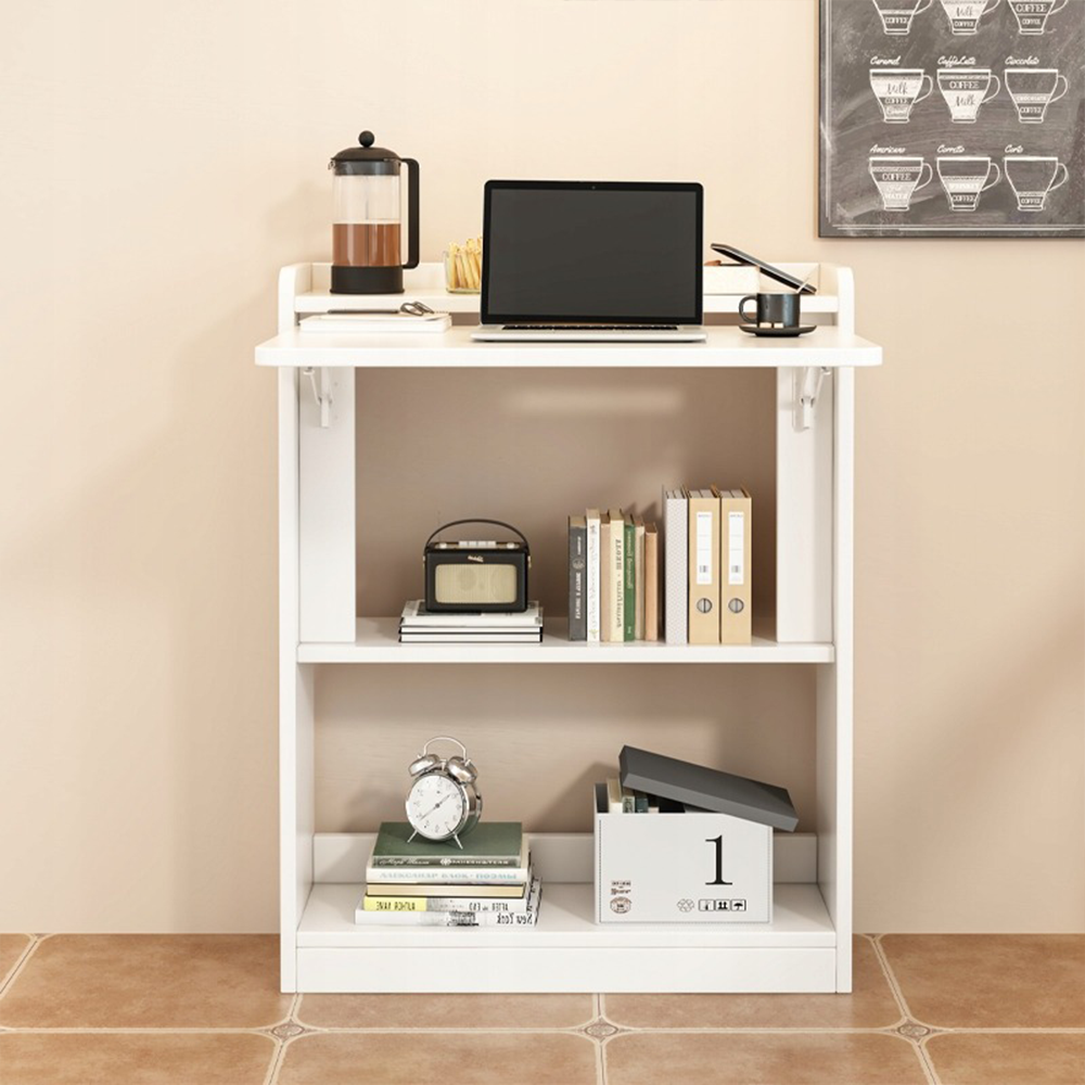Birou rabatabil alb 64 cm – cu rafturi, MDF, pentru spații mici