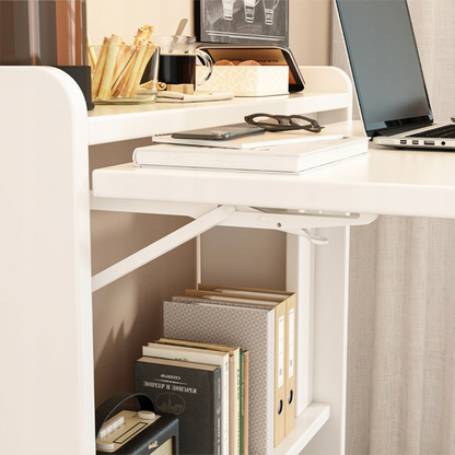 Birou rabatabil alb 64 cm – cu rafturi, MDF, pentru spații mici