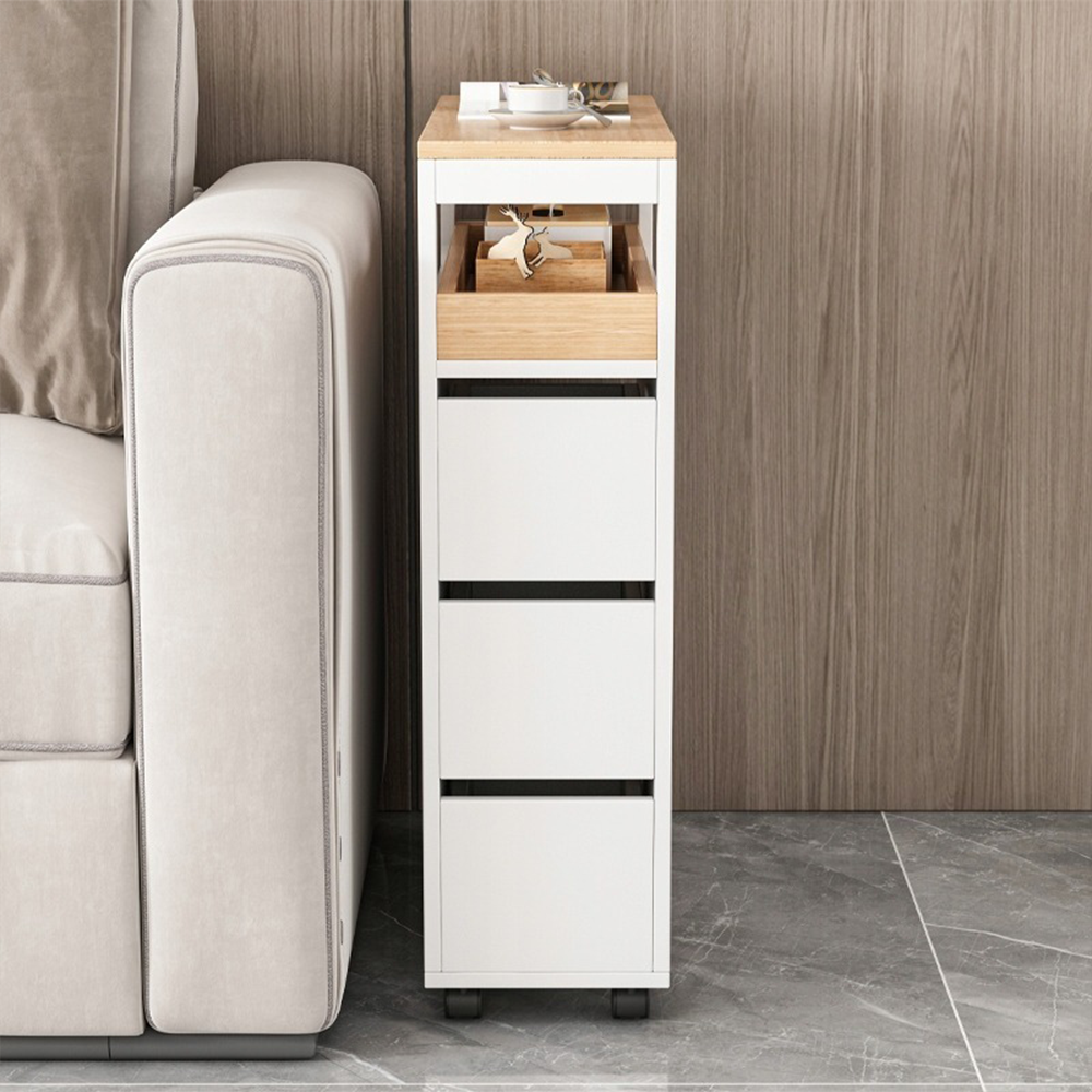 Comodă baie mobilă 65 cm – alb, cu roți și 3 sertare, MDF, organizator