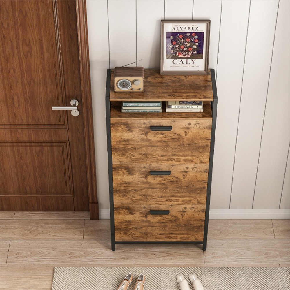 Dulap pantofi loft 130 cm – maro rustic, MDF + metal, 3 rafturi cu uși