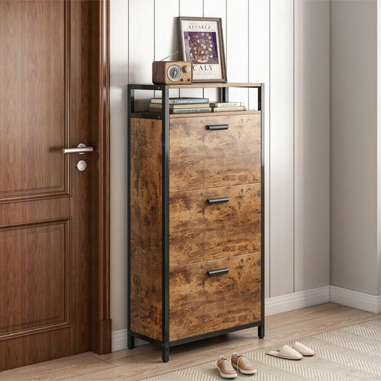 Dulap pantofi loft 130 cm – maro rustic, MDF + metal, 3 rafturi cu uși
