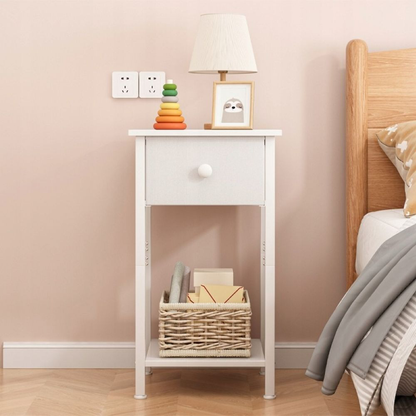 Măsuță noptiere albă – 45 cm, sertar + 2 polițe, stil scandinav