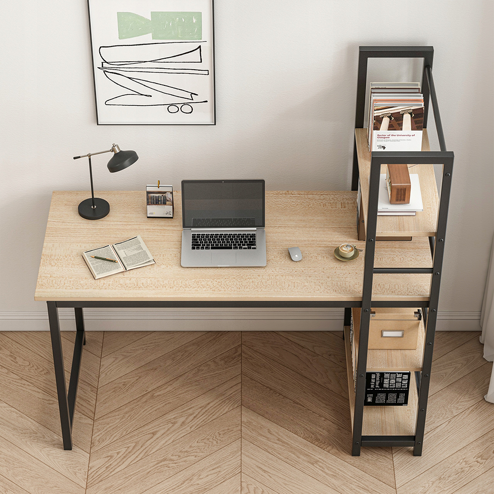 Birou cu rafturi 120 cm – MDF + metal, maro deschis, stil industrial loft