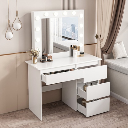 Masă toaletă albă 90 cm cu oglindă LED – modernă, MDF, pentru machiaj