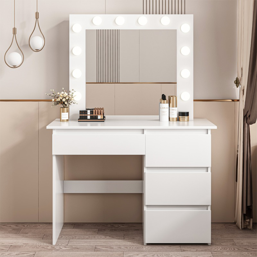 Masă toaletă albă 90 cm cu oglindă LED – modernă, MDF, pentru machiaj