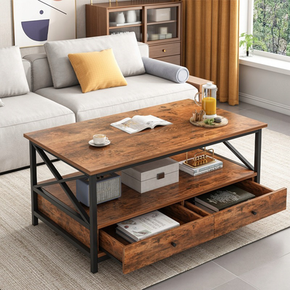 Masă cafea industrială 100 cm – maro rustic, sertare și raft, MDF + metal