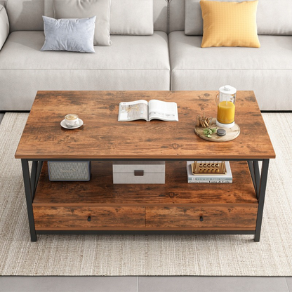 Masă cafea industrială 100 cm – maro rustic, sertare și raft, MDF + metal