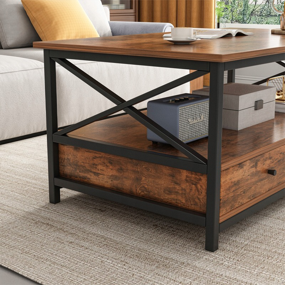 Masă cafea industrială 100 cm – maro rustic, sertare și raft, MDF + metal