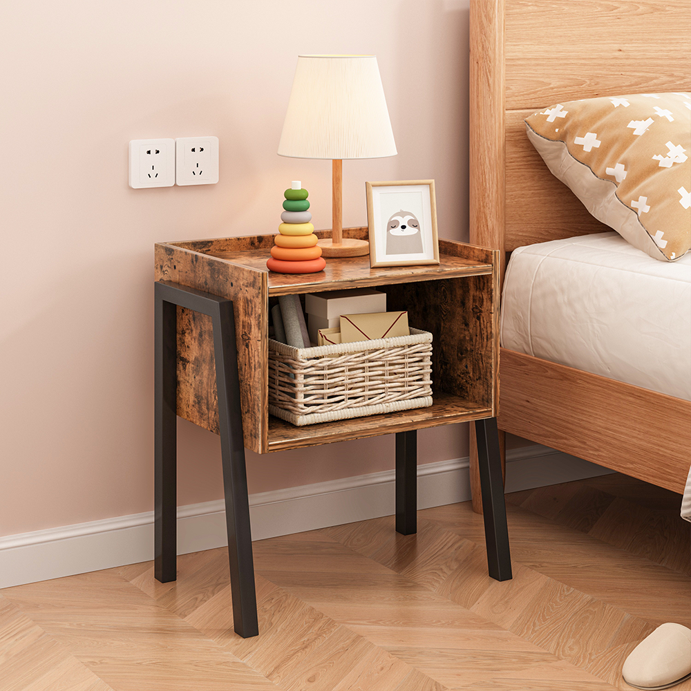 Măsuță noptiere maro rustic – 43 cm, MDF, design modern cu polițe