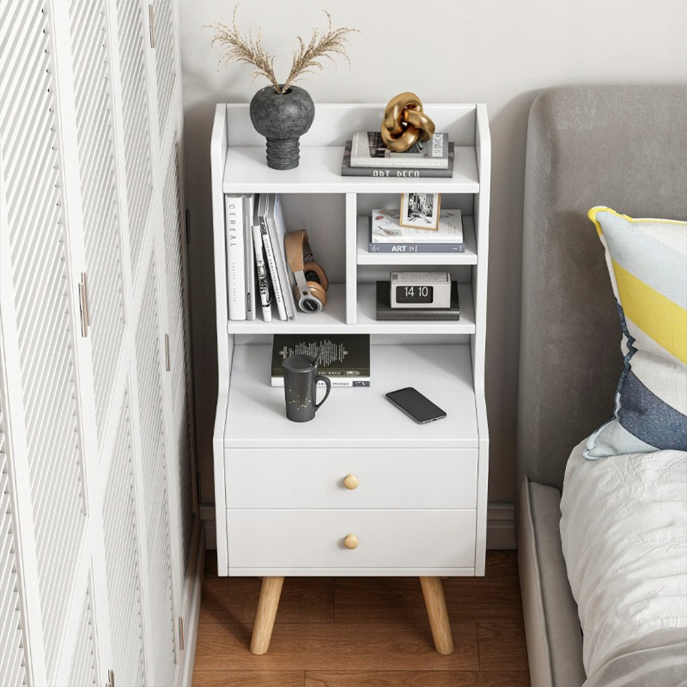 Măsuță noptiere albă 36 cm – 2 sertare + polițe, MDF, pentru dormitor