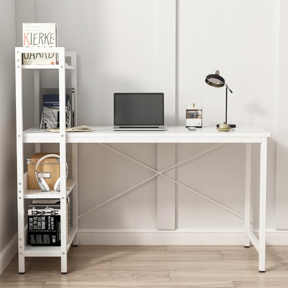 Birou modern 120 cm alb – cu polițe laterale, MDF, pentru PC/gaming