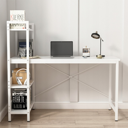 Birou modern 120 cm alb – cu polițe laterale, MDF, pentru PC/gaming