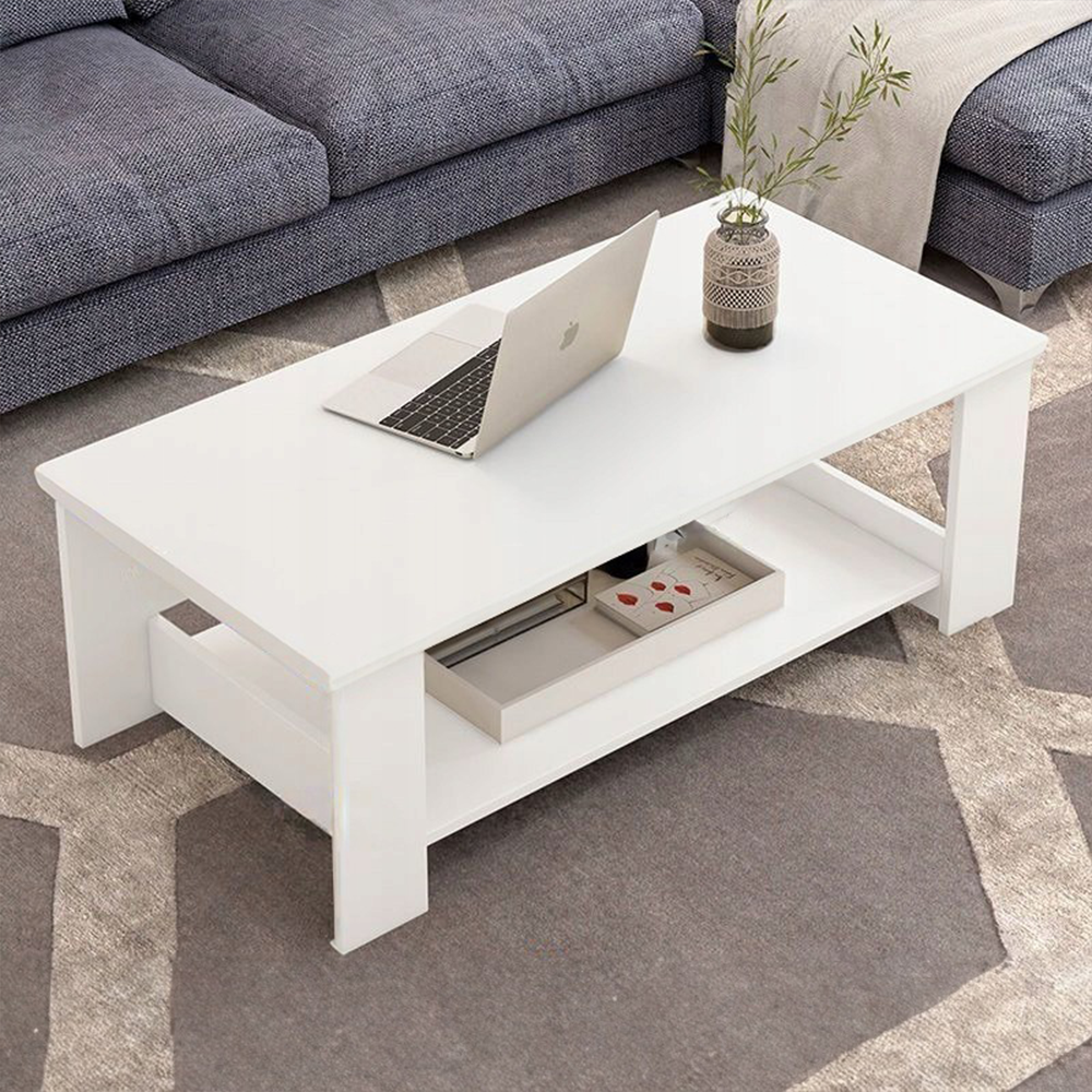 Masă cafea albă 100 cm – cu raft, MDF, stil modern/scandinav
