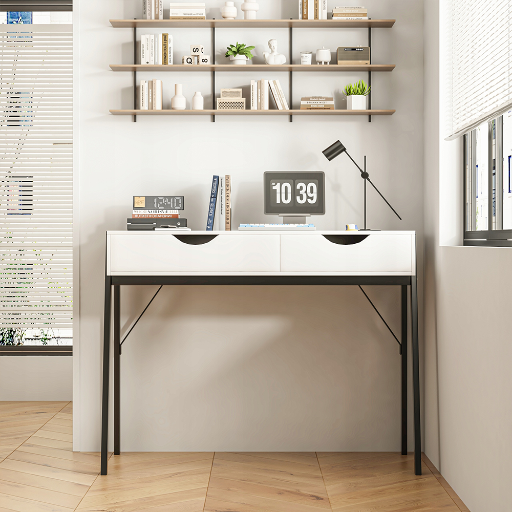 Birou alb 80 cm cu sertare – modern, MDF, picioare metalice negre, home office