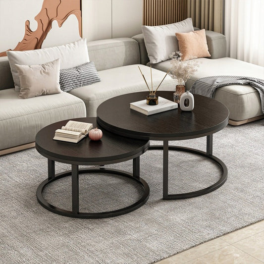 Măsuțe cafea set 2 negre – rotunde, stil modern, MDF + cadru metalic