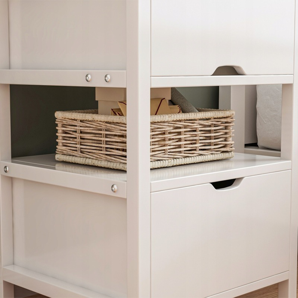 Măsuță noptiere albă cu sertare – 45 cm, MDF + metal, stil scandinav