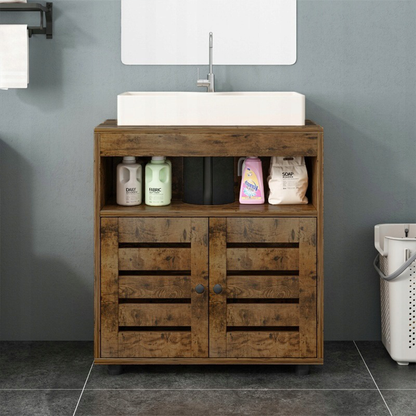 Dulap sub chiuvetă 60 cm maro rustic – baie, MDF, cu rafturi și uși, stil modern