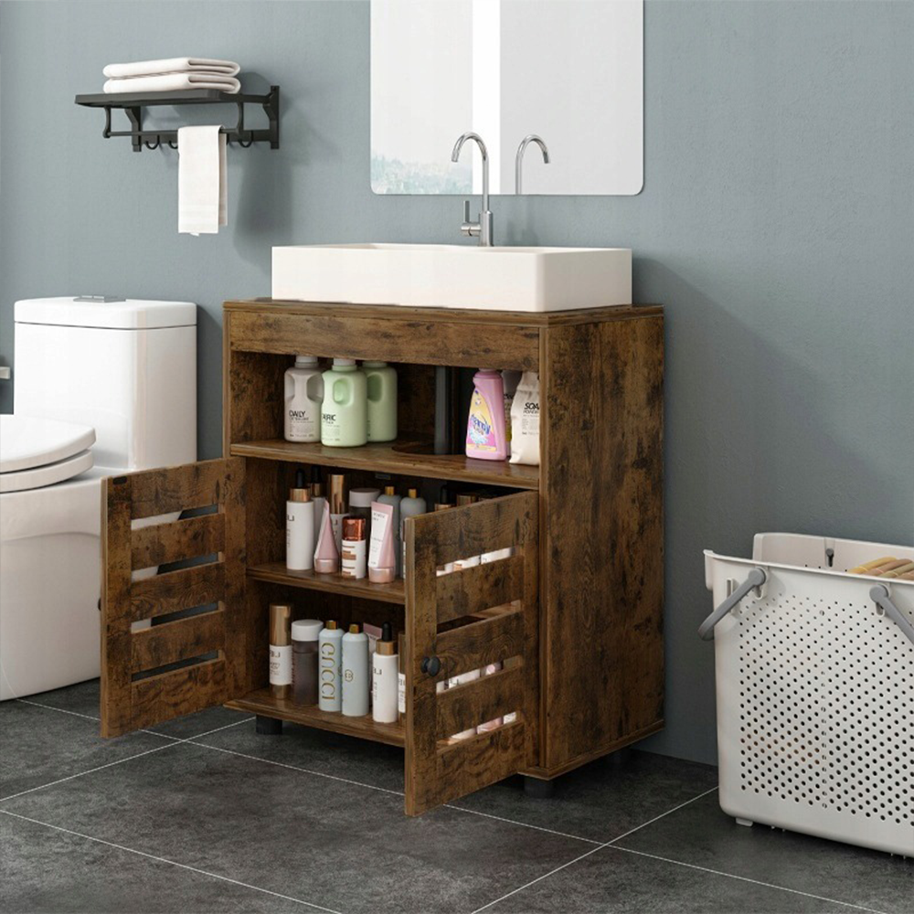 Dulap sub chiuvetă 60 cm maro rustic – baie, MDF, cu rafturi și uși, stil modern