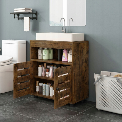 Dulap sub chiuvetă 60 cm maro rustic – baie, MDF, cu rafturi și uși, stil modern