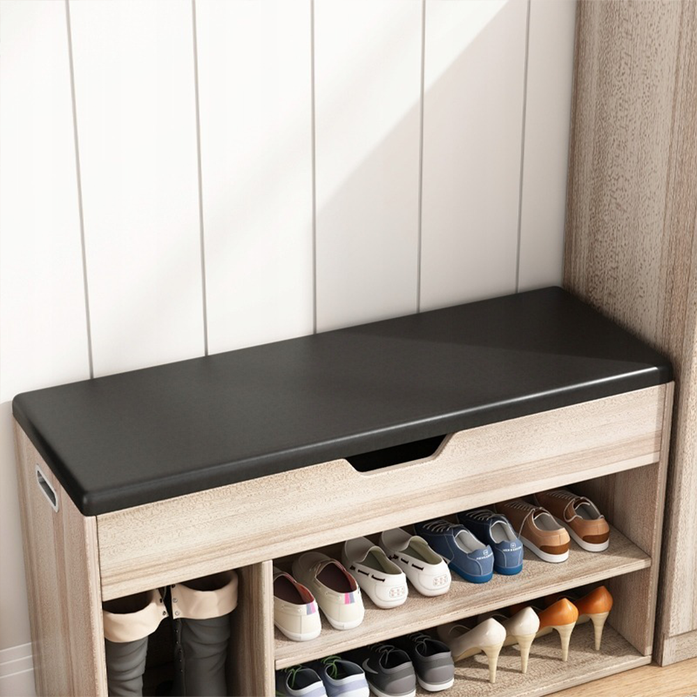 Bancă pantofi cu ladă 80 cm – șezut tapițat, stejar, mobilier hol modern