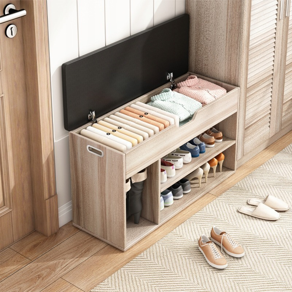 Bancă pantofi cu ladă 80 cm – șezut tapițat, stejar, mobilier hol modern