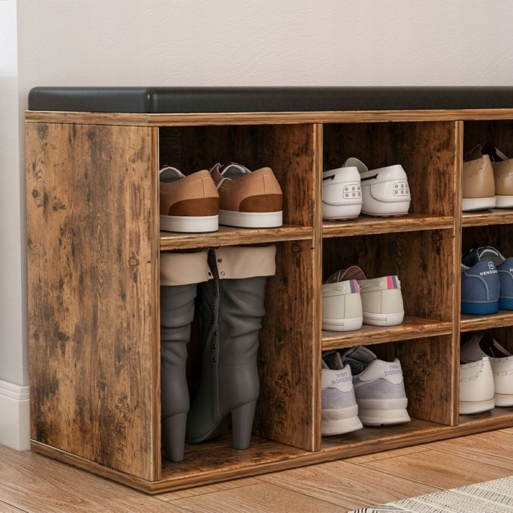 Bancă hol 104 cm maro rustic – cu șezut și poliță pantofi, MDF, stil clasic