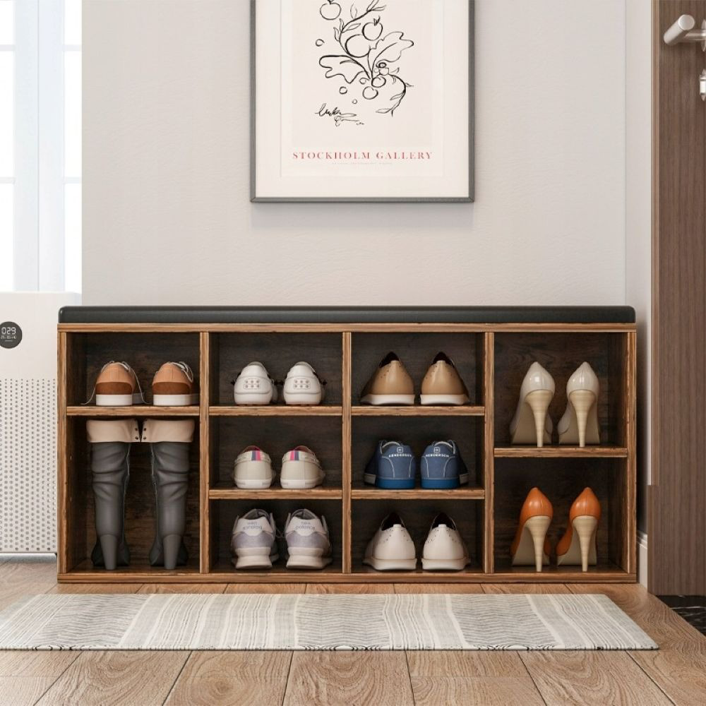 Bancă hol 104 cm maro rustic – cu șezut și poliță pantofi, MDF, stil clasic