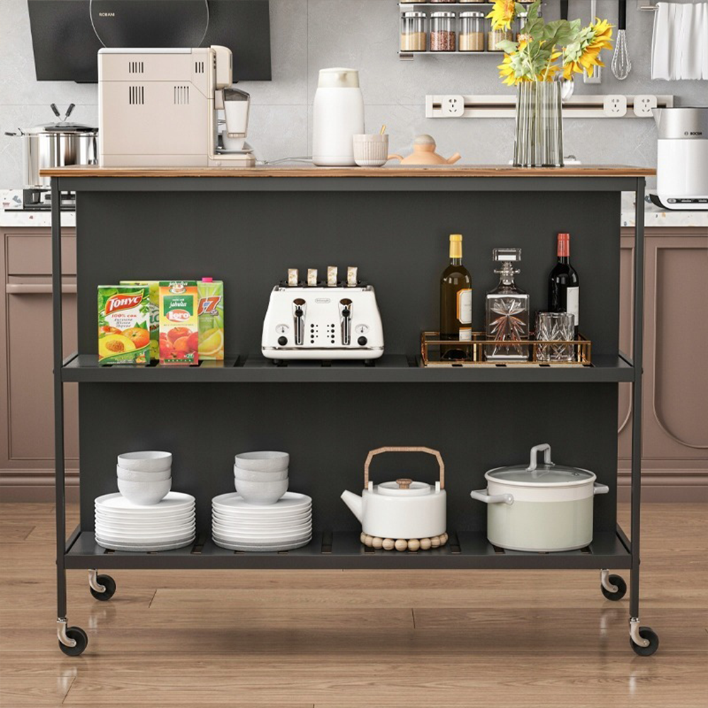 Masă bar mobilă 120 cm – cu roți și rafturi, MDF + metal, design loft