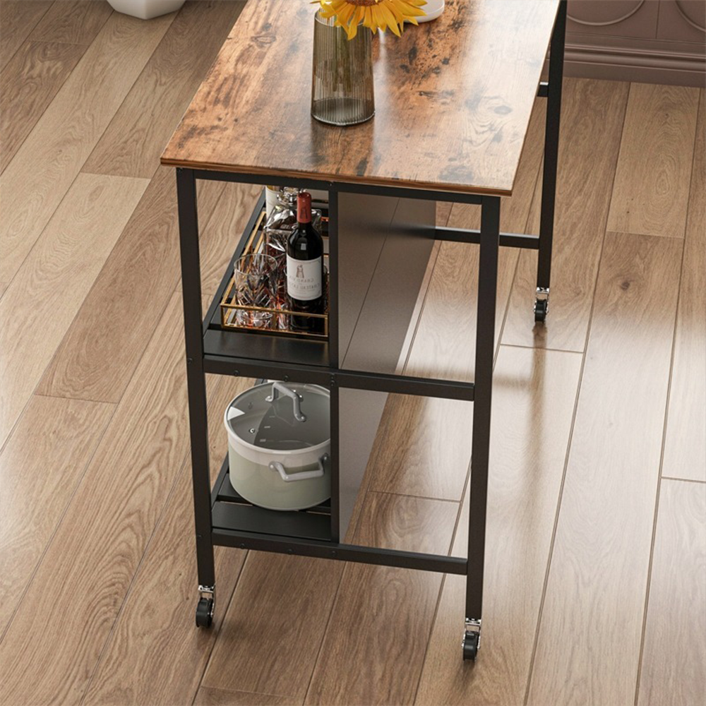 Masă bar mobilă 120 cm – cu roți și rafturi, MDF + metal, design loft