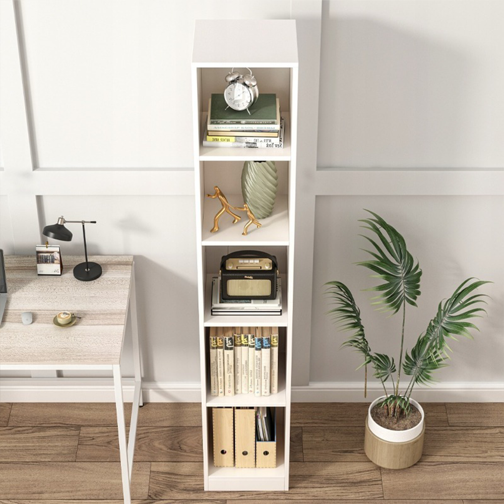 Bibliotecă slim albă 182 cm – stil scandinav, rafturi multiple, economisire spațiu