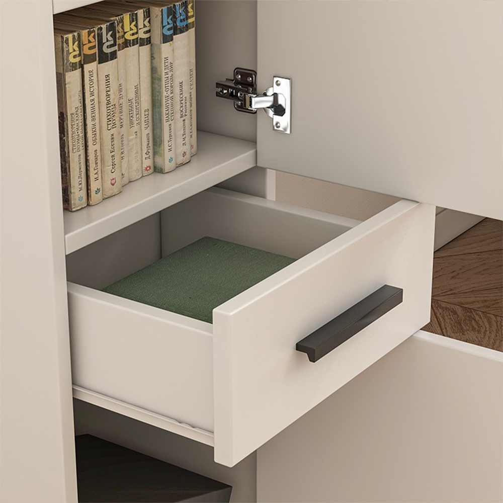 Raft depozitare birou 85 cm – alb, MDF, 2 rafturi + sertar, design loft