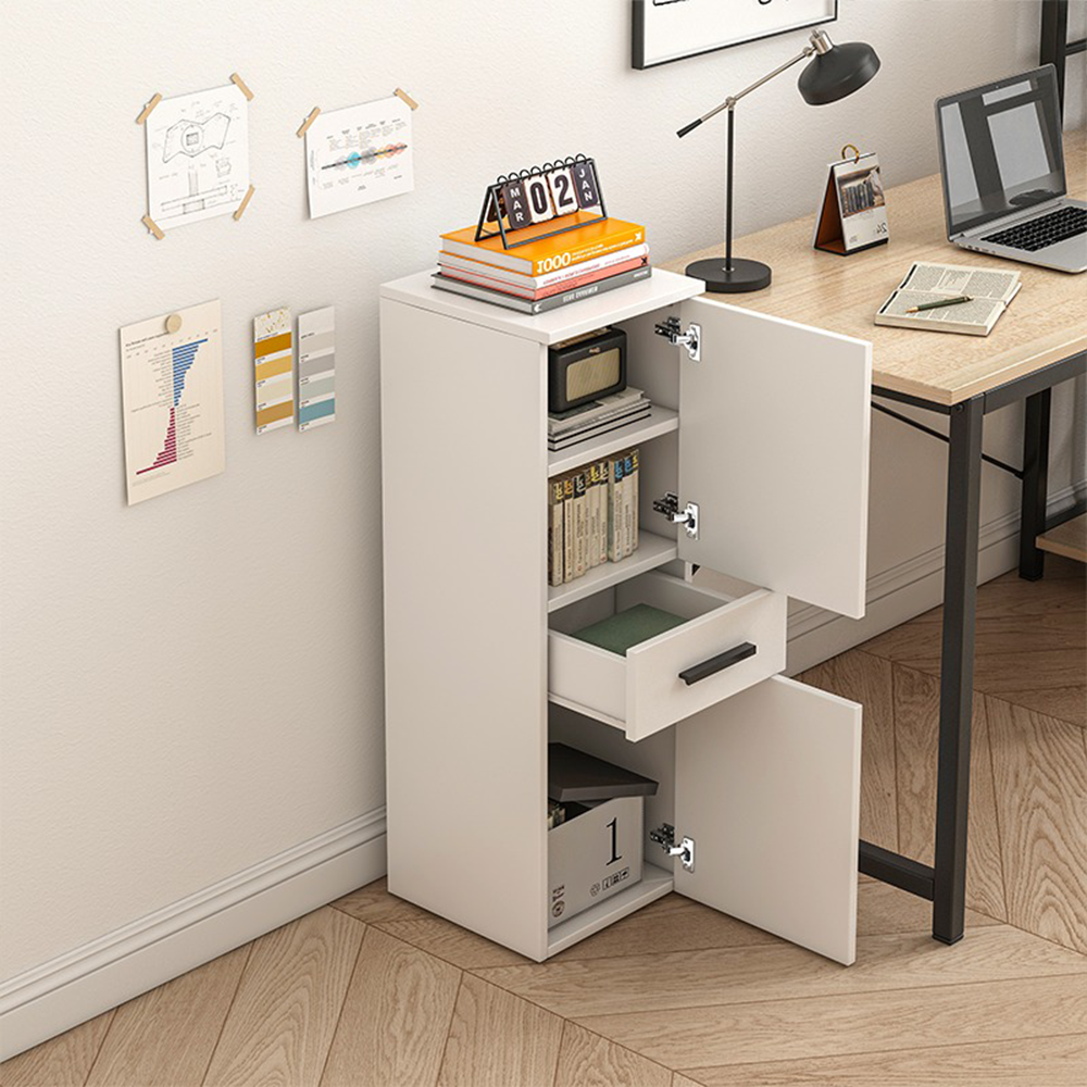Raft depozitare birou 85 cm – alb, MDF, 2 rafturi + sertar, design loft