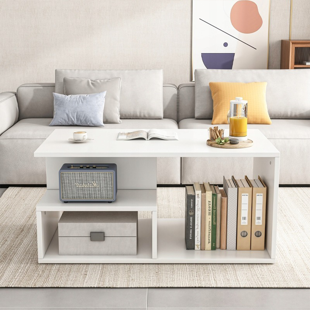 Măsuță cafea albă cu raft – 90x43 cm, stil modern, organizare living