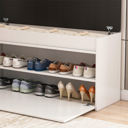 Dulap pentru pantofi cu bancă 100 cm alb – șezut confortabil, rafturi, hol elegant