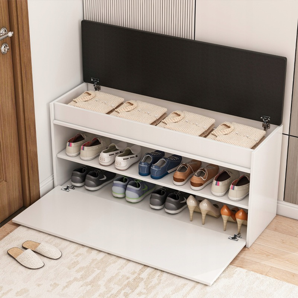 Dulap pentru pantofi cu bancă 100 cm alb – șezut confortabil, rafturi, hol elegant