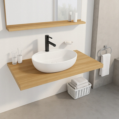 Lavoar ceramic pe blat 50 cm – oval, alb lucios, cu orificiu robinet, baie modernă
