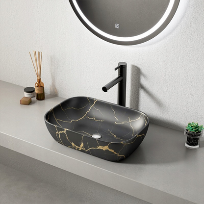 Lavoar ceramic negru cu vene aurii 46,5 cm – montaj pe blat, stil lux