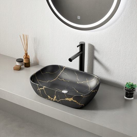Lavoar ceramic negru cu vene aurii 46,5 cm – montaj pe blat, stil lux
